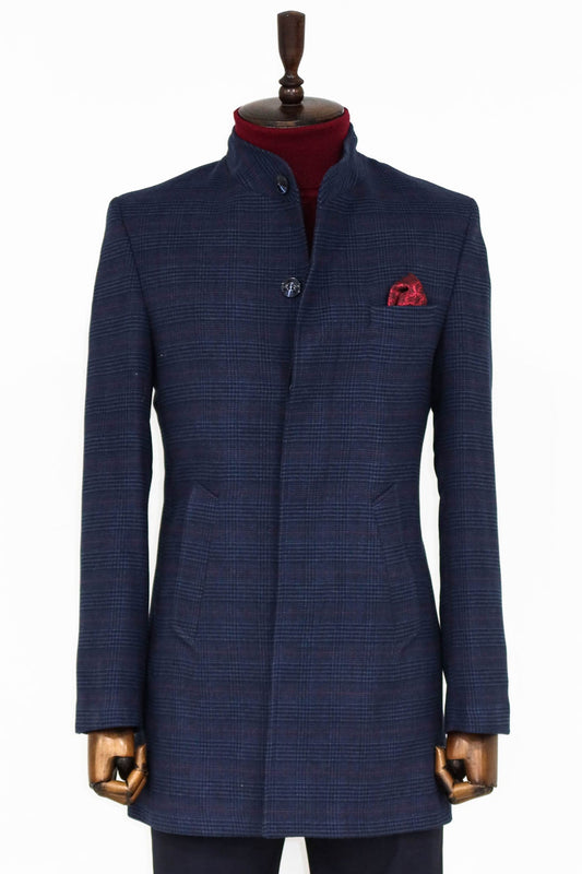 Standing Collar Checked Navy Blue Men Coat