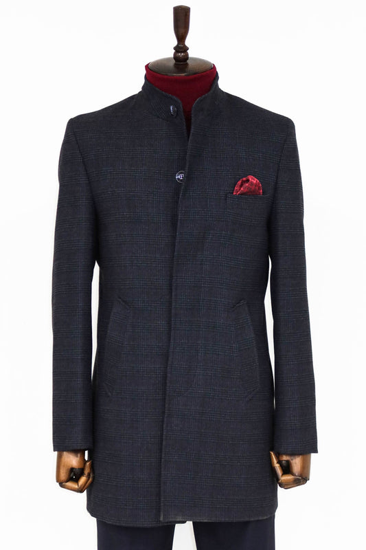 Standing Collar Checked Navy Blue Men Coat
