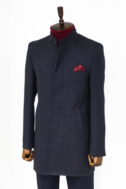 Standing Collar Checked Navy Blue Men Coat