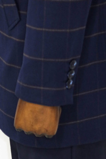 Plaid Standing Collar Navy Blue Men Coat