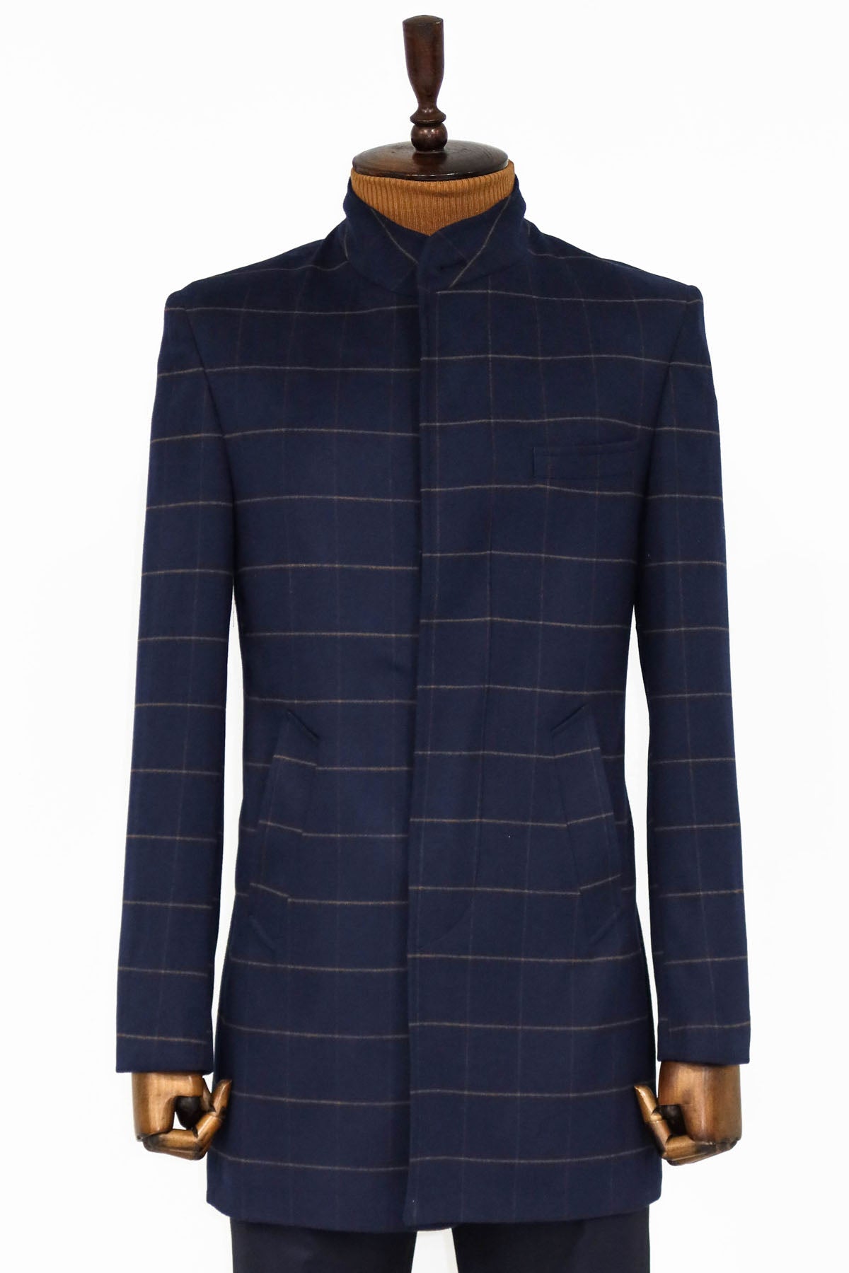 Plaid Standing Collar Navy Blue Men Coat