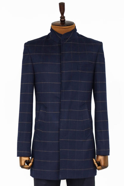Plaid Standing Collar Navy Blue Men Coat