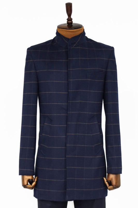 Plaid Standing Collar Navy Blue Men Coat
