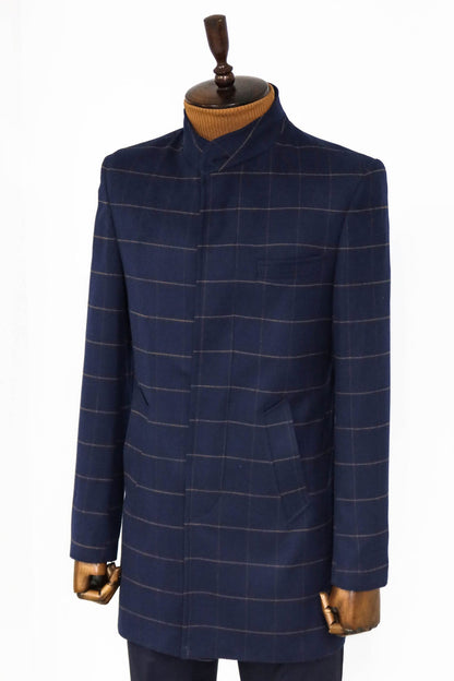 Plaid Standing Collar Navy Blue Men Coat