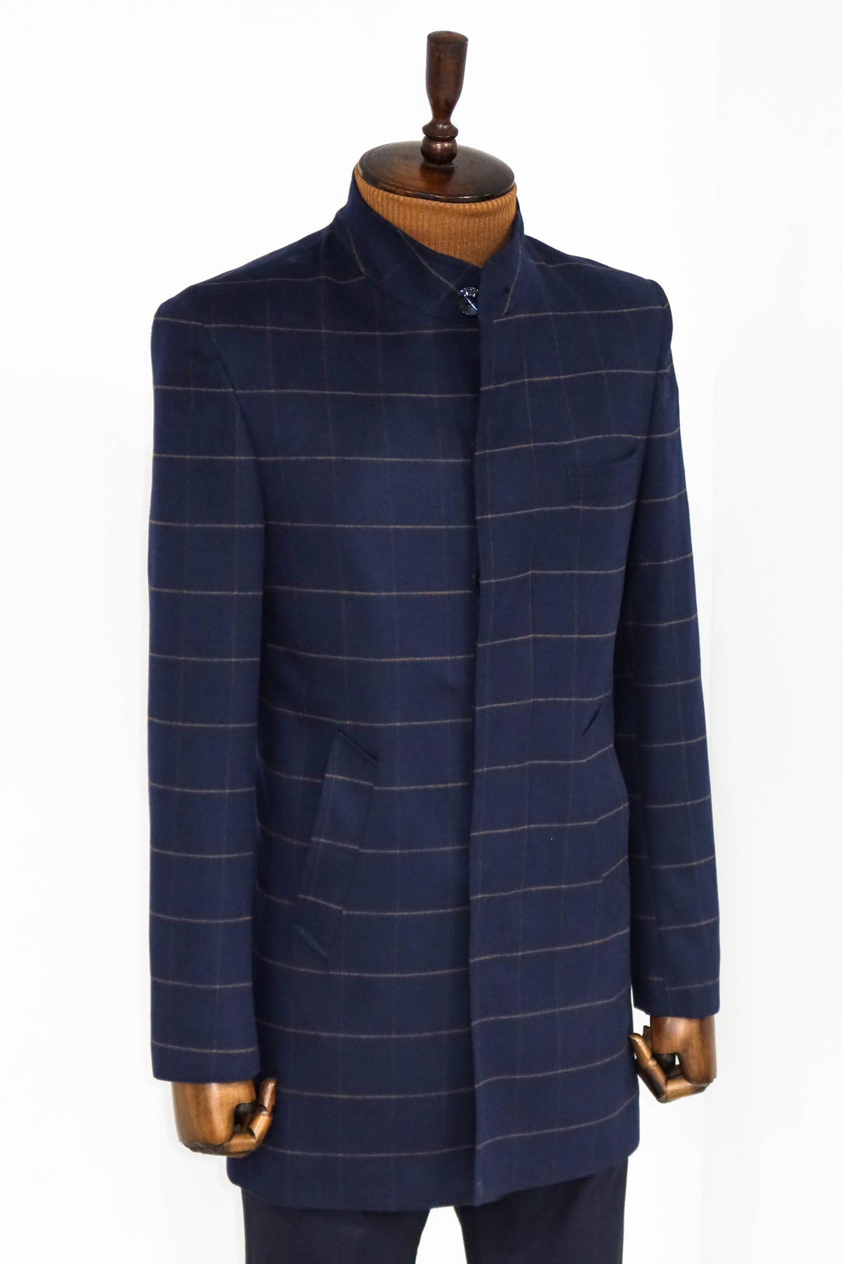 Plaid Standing Collar Navy Blue Men Coat