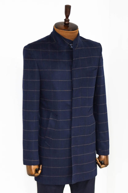 Plaid Standing Collar Navy Blue Men Coat