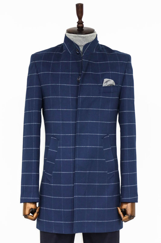 Standing Collar Plaid Blue Men Coat