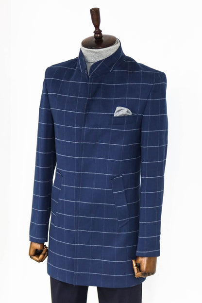 Standing Collar Plaid Blue Men Coat
