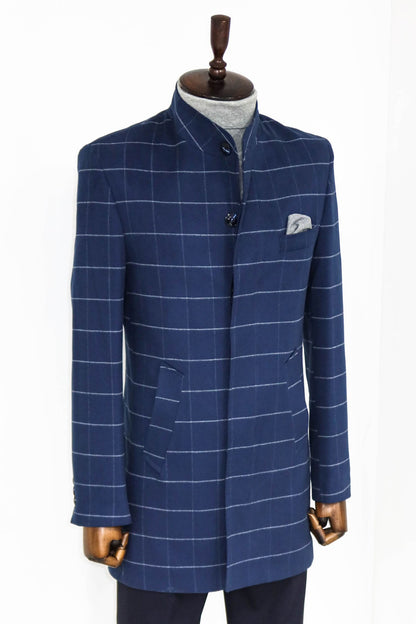 Standing Collar Plaid Blue Men Coat
