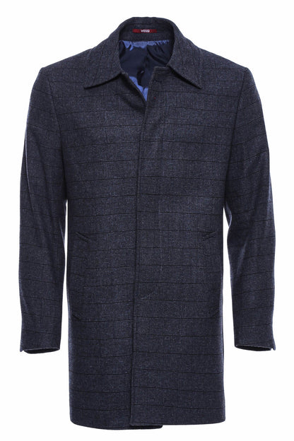 Navy Checked Hidden Button Peak Lapel Coat