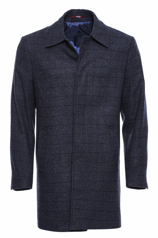 Navy Checked Hidden Button Peak Lapel Coat