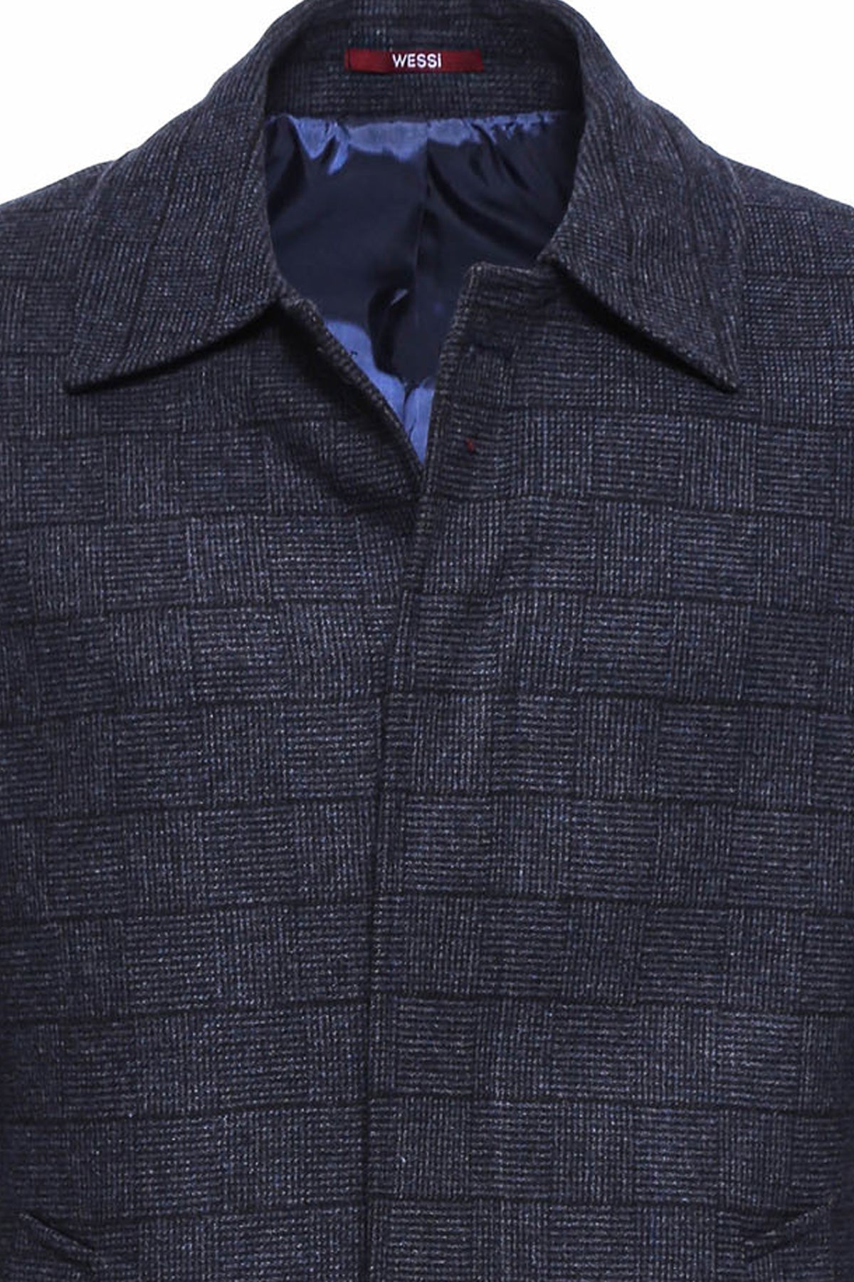 Navy Checked Hidden Button Peak Lapel Coat