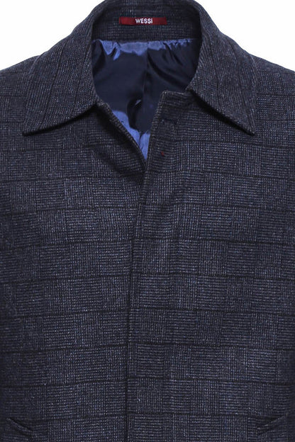 Navy Checked Hidden Button Peak Lapel Coat