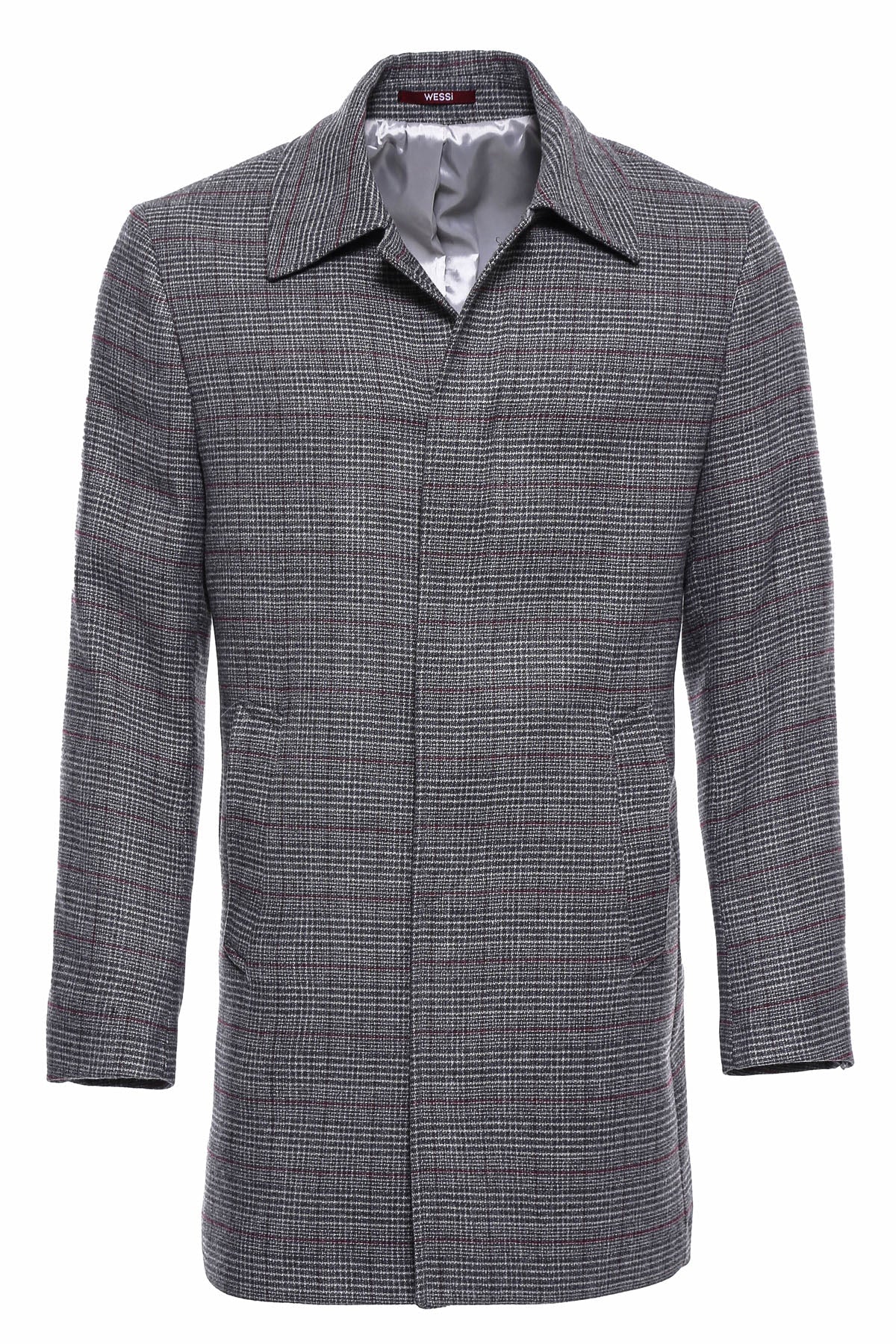 Grey Checked Hidden Button Peak Lapel Coat