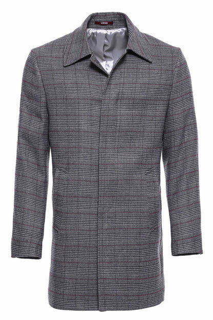 Grey Checked Hidden Button Peak Lapel Coat