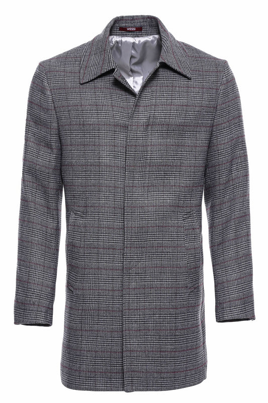 Grey Checked Hidden Button Peak Lapel Coat