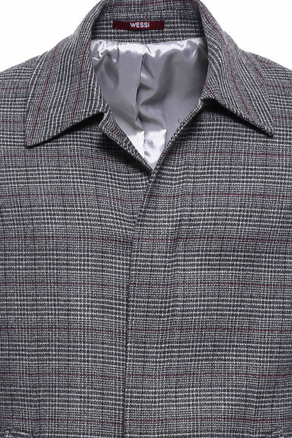 Grey Checked Hidden Button Peak Lapel Coat