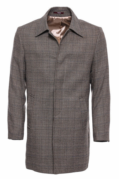 Brown Checked Hidden Button Coat