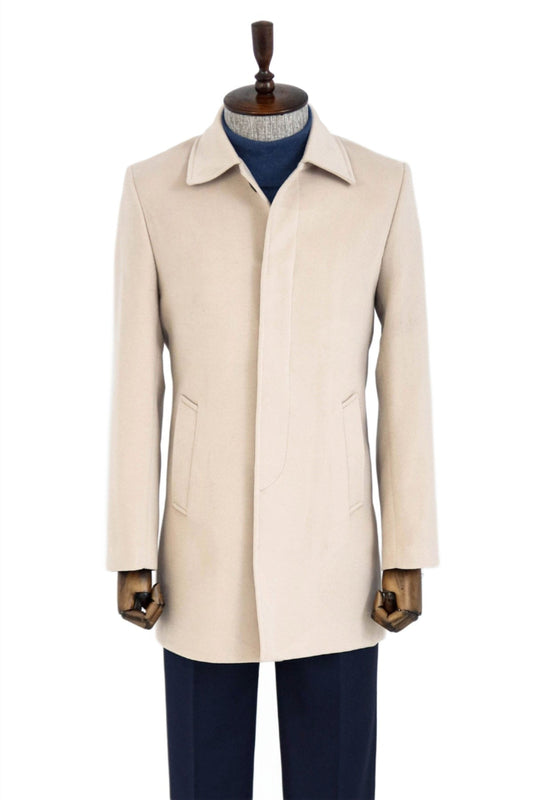 Plain Hidden Button Beige Men Coat