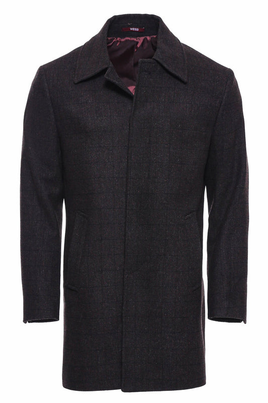 Burgundy Checked Hidden Button Peak Lapel Coat