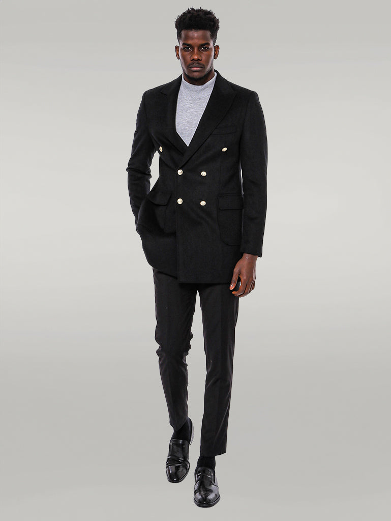 Metal Buttoned Double Breasted Black Men Long Coat