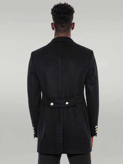 Metal Buttoned Double Breasted Black Men Long Coat