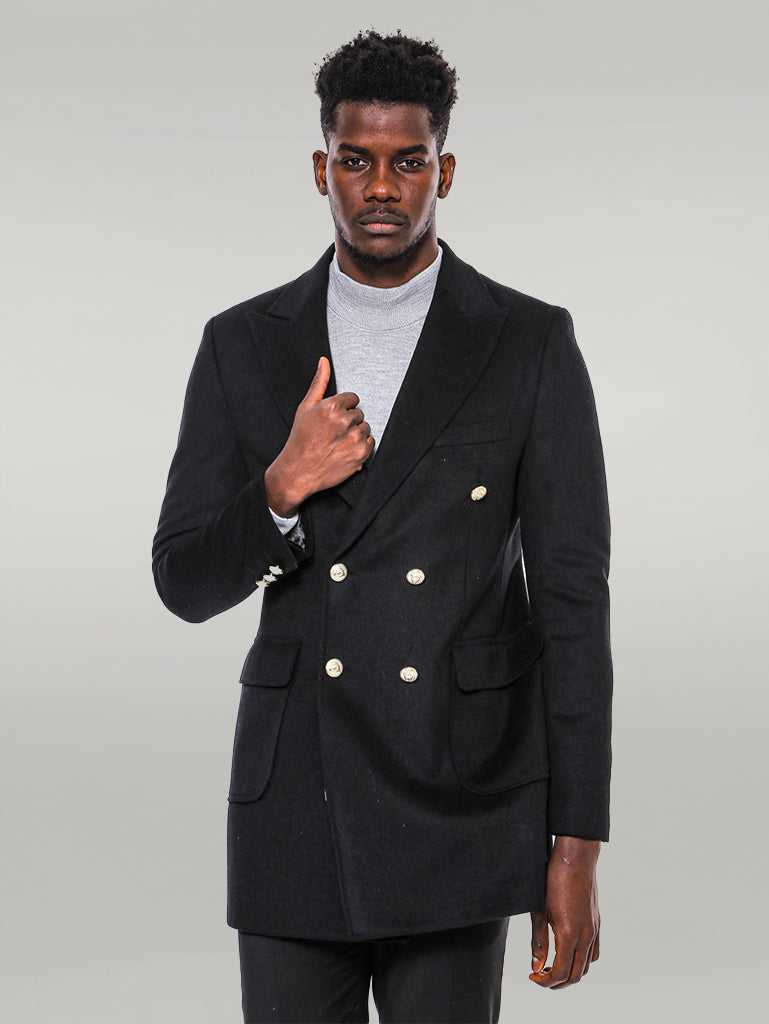 Metal Buttoned Double Breasted Black Men Long Coat