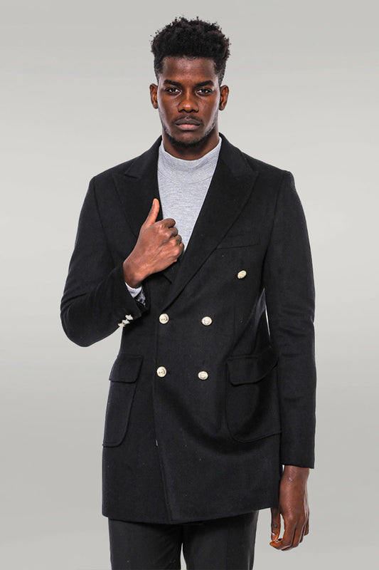 Metal Buttoned Double Breasted Black Men Long Coat