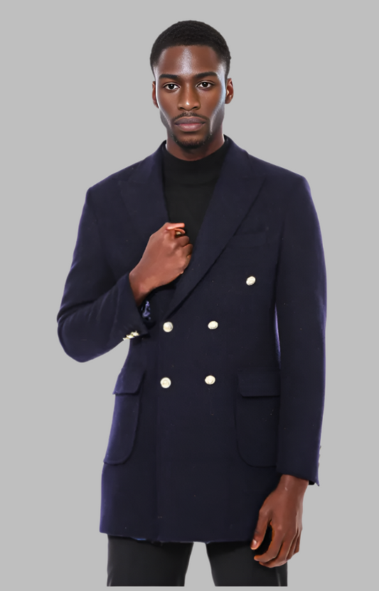 Navy Blue Metal Buttoned Double Breasted Long Coat