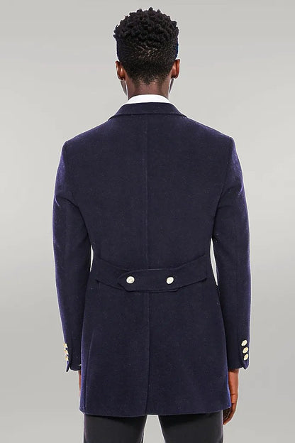 Navy Blue Metal Buttoned Double Breasted Long Coat