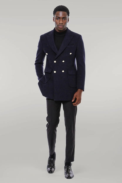 Navy Blue Metal Buttoned Double Breasted Long Coat