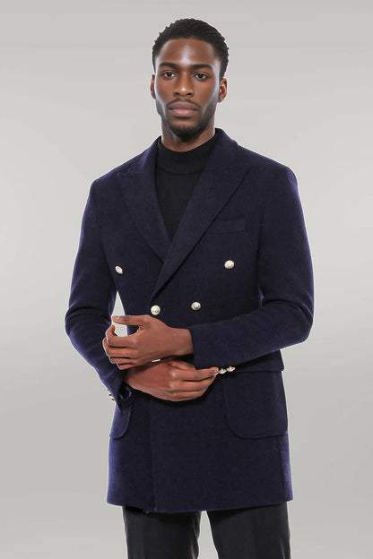 Navy Blue Metal Buttoned Double Breasted Long Coat
