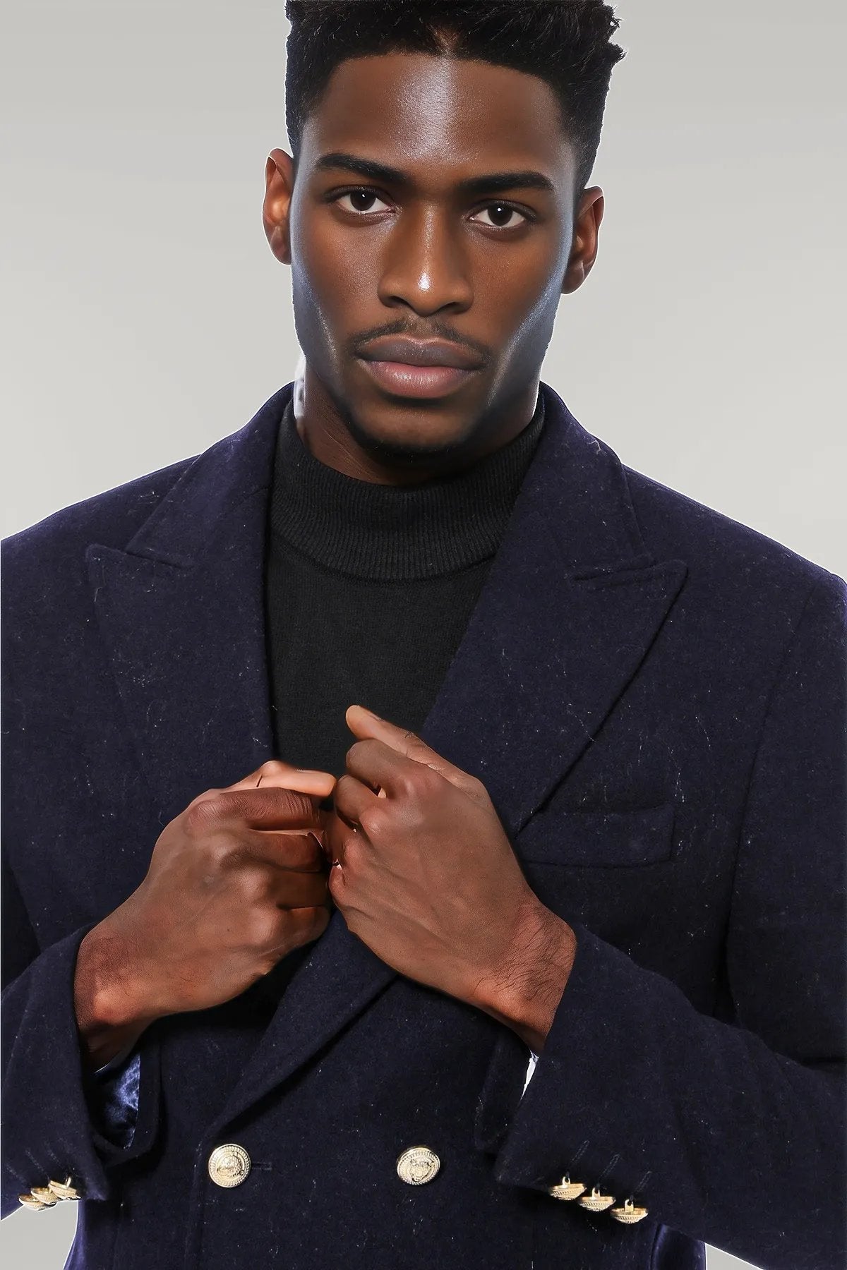 Navy Blue Metal Buttoned Double Breasted Long Coat