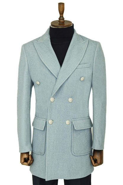 Metal Buttons Wool Cashmere Light Blue Men Double Breasted Coat
