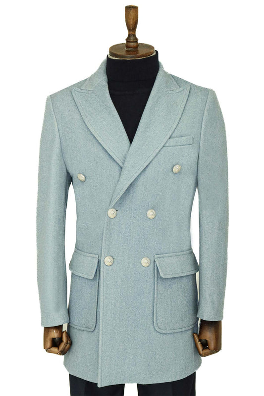 Metal Buttons Wool Cashmere Light Blue Men Double Breasted Coat