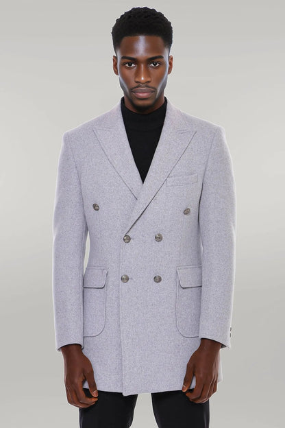 Grey Metal Buttoned Double Breasted Long Coat