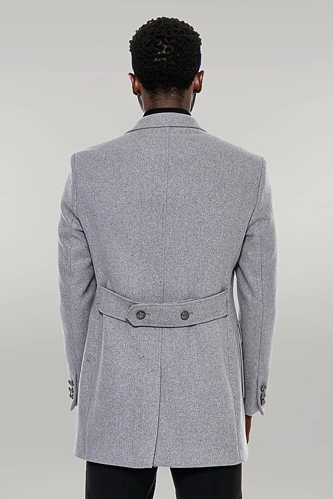 Grey Metal Buttoned Double Breasted Long Coat