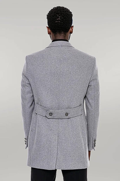Grey Metal Buttoned Double Breasted Long Coat