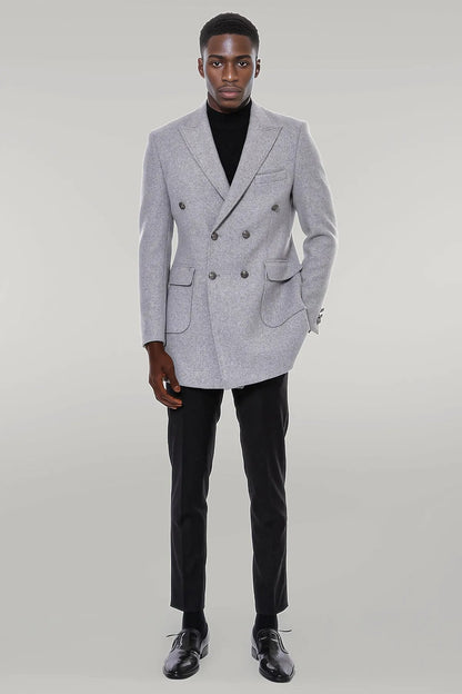 Grey Metal Buttoned Double Breasted Long Coat
