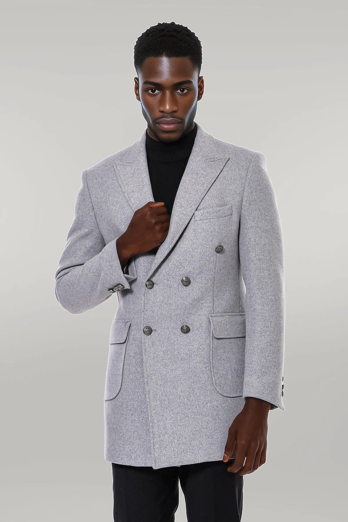 Grey Metal Buttoned Double Breasted Long Coat