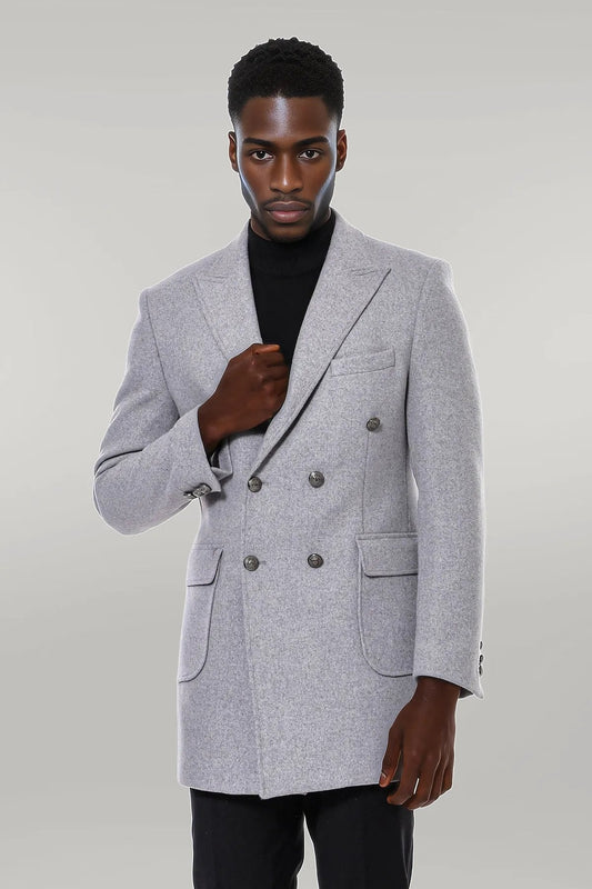 Grey Metal Buttoned Double Breasted Long Coat