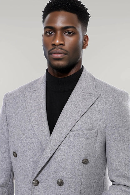 Grey Metal Buttoned Double Breasted Long Coat