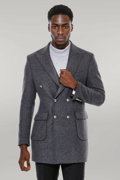 Dark Grey Metal Buttoned Double Breasted Long Coat