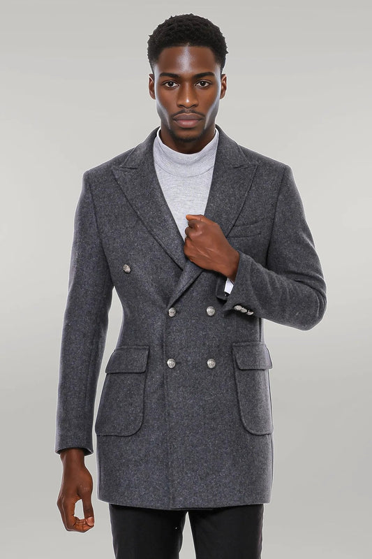 Dark Grey Metal Buttoned Double Breasted Long Coat