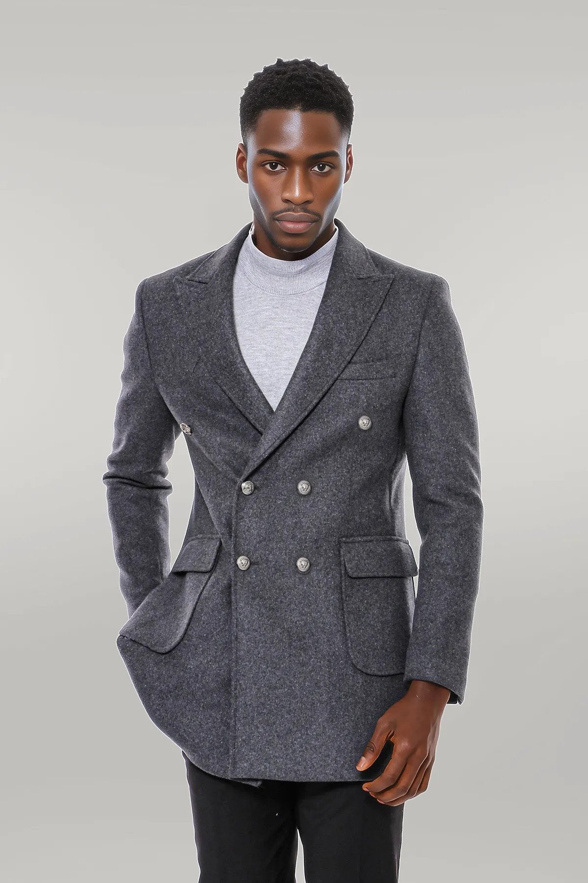 Dark Grey Metal Buttoned Double Breasted Long Coat
