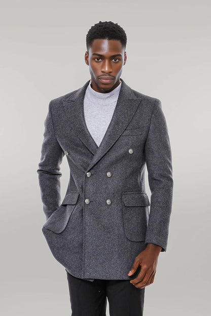 Dark Grey Metal Buttoned Double Breasted Long Coat