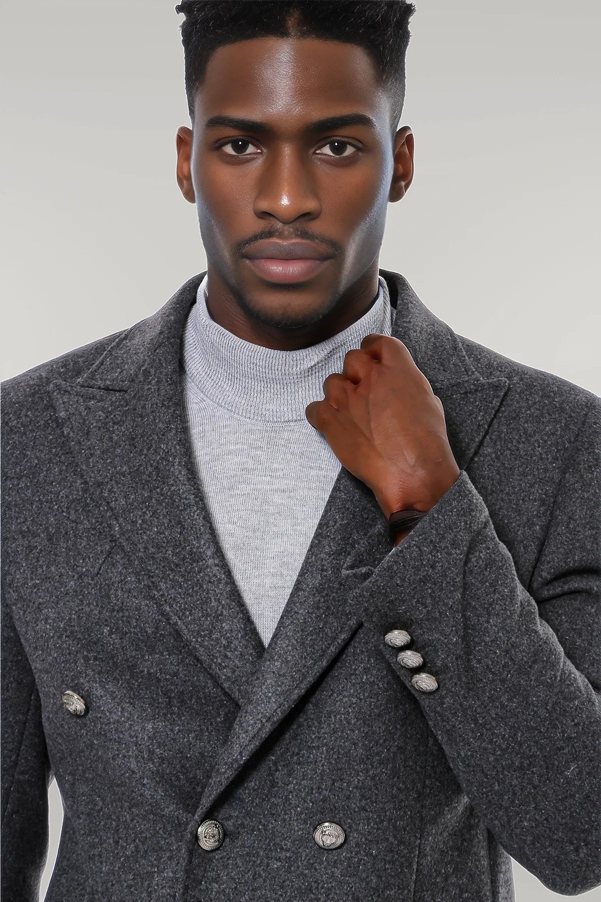 Dark Grey Metal Buttoned Double Breasted Long Coat