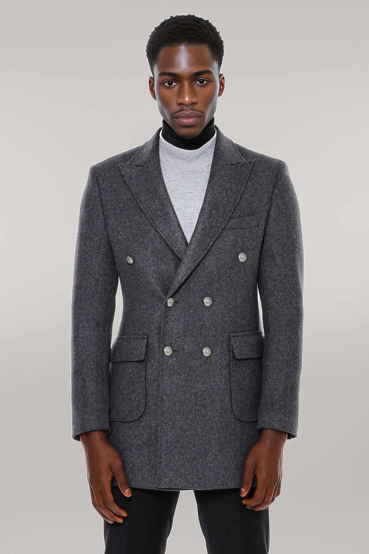 Dark Grey Metal Buttoned Double Breasted Long Coat