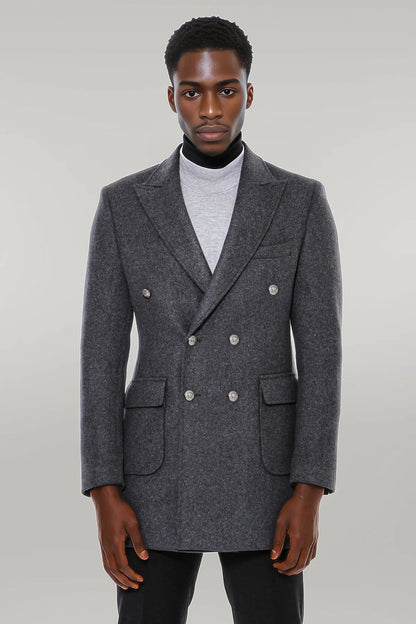 Dark Grey Metal Buttoned Double Breasted Long Coat