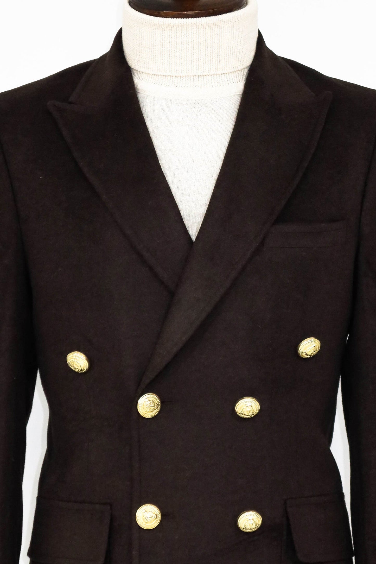 Brown Metal Buttoned Double Breasted Long Coat